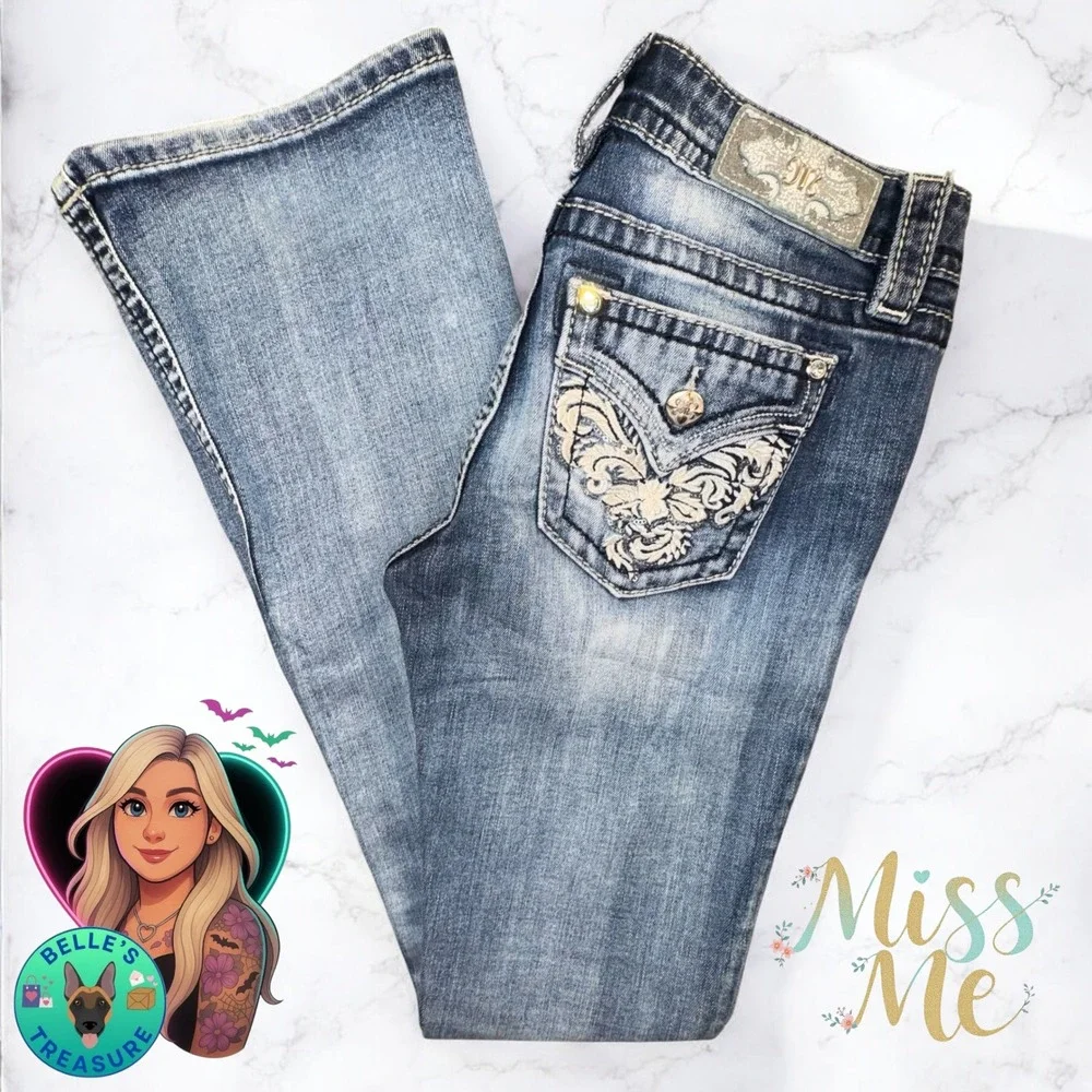 Miss Me Jeans Women 27 Bootcut Embellished Floral Sequin pocket Light Wash 29x32